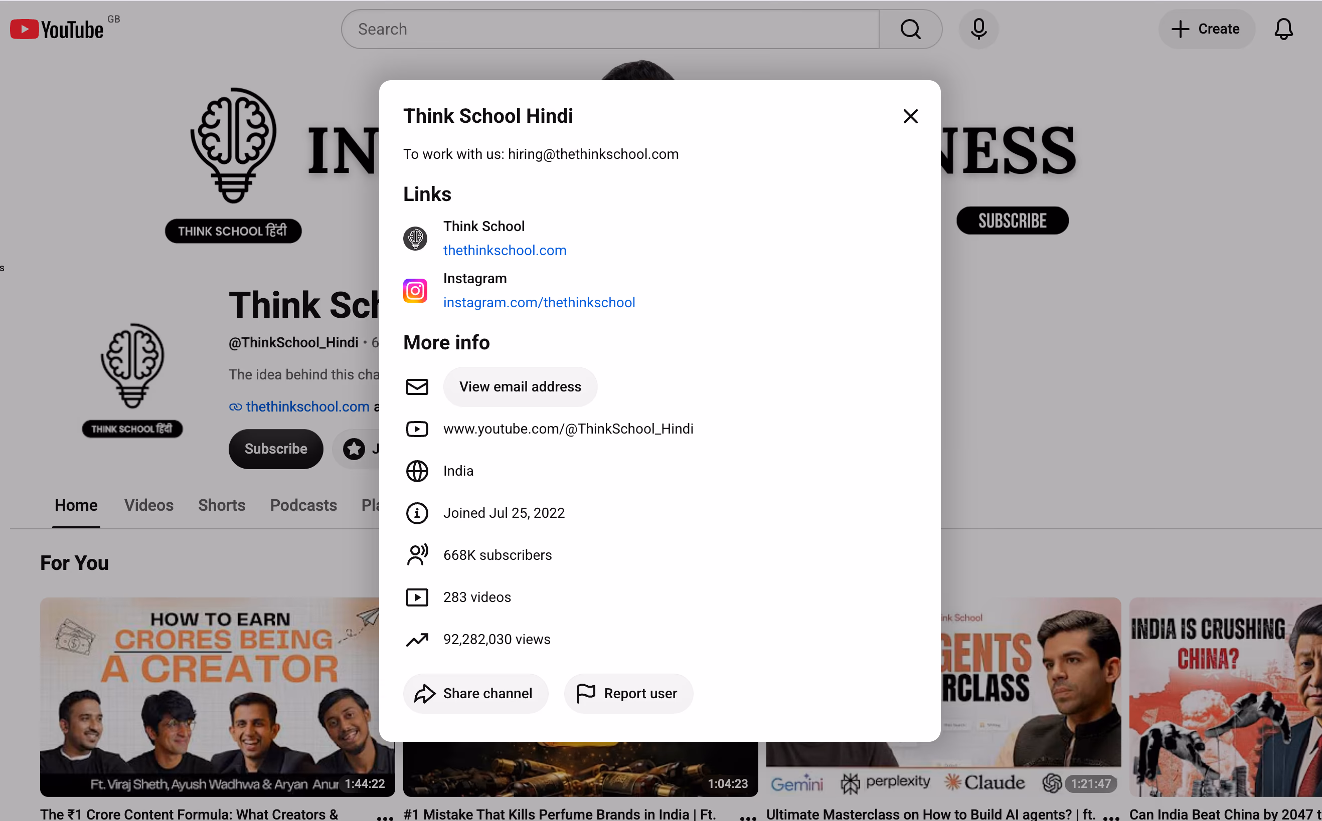 A YouTube channel details panel showing View email address under More info