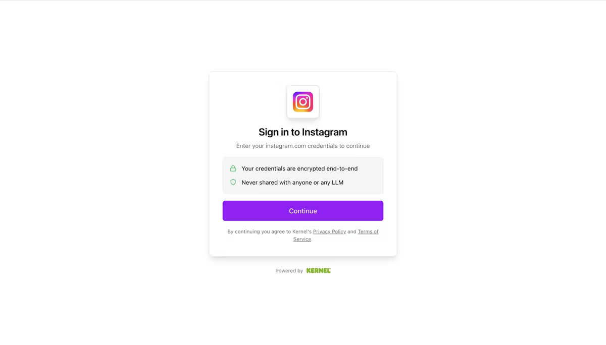 Kernel sign in to Instagram page saying credentials are encrypted end-to-end and never shared with anyone or any LLM