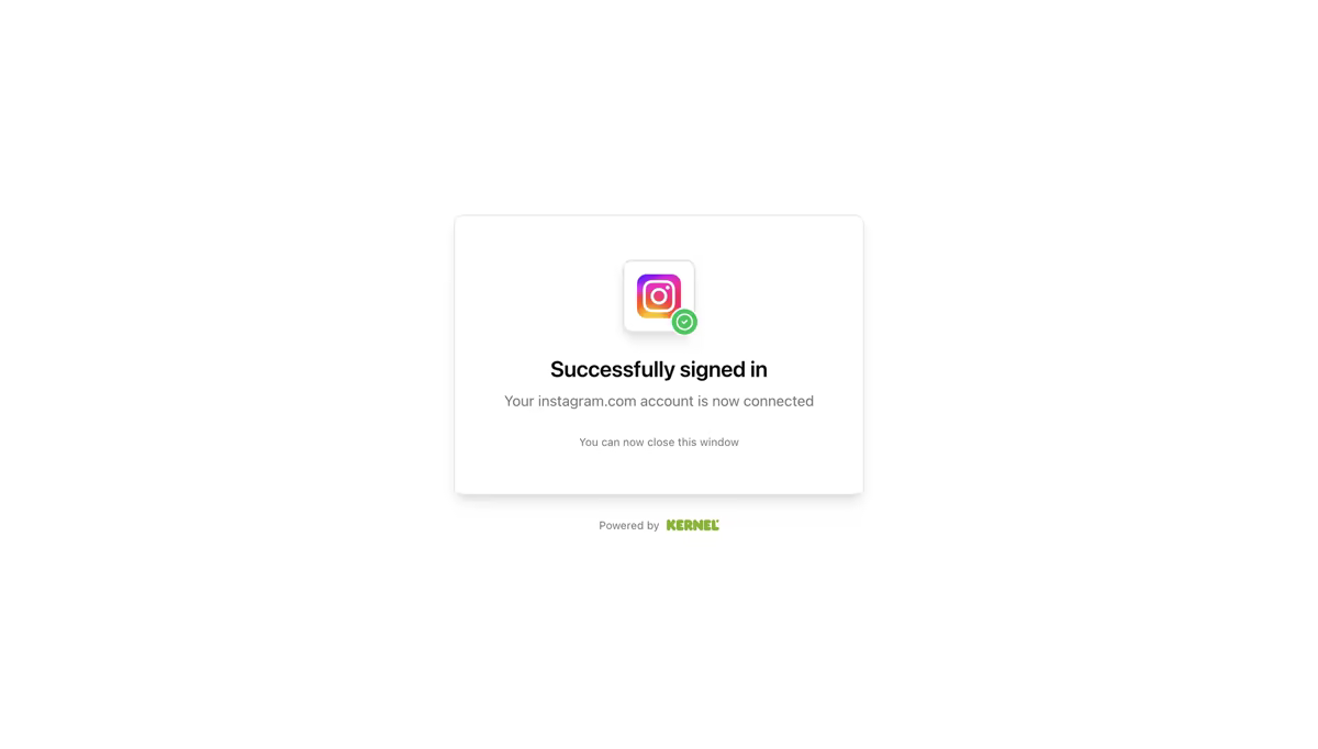 Kernel confirmation page saying you successfully signed in and your instagram.com account is now connected