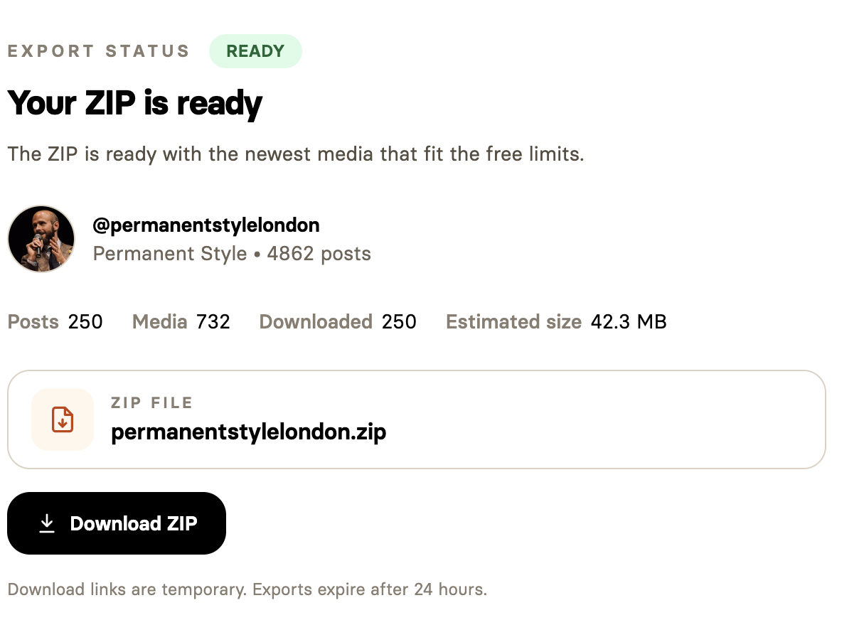 Example Instagram profile download showing the ZIP contents and exported files